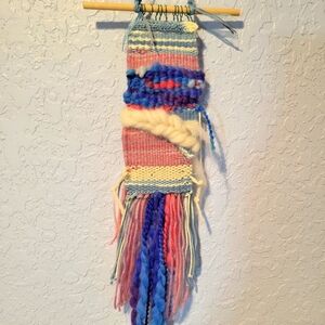 Handmade Blue, White, Pink, Purple Loom Woven Wall Hanging 4" x 21" Fiber Art